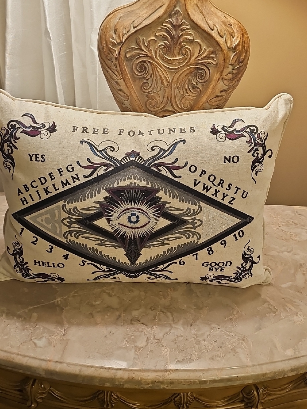 Decorative Beige Ouija Eye Accent Linen Pillow 19“LX12“H